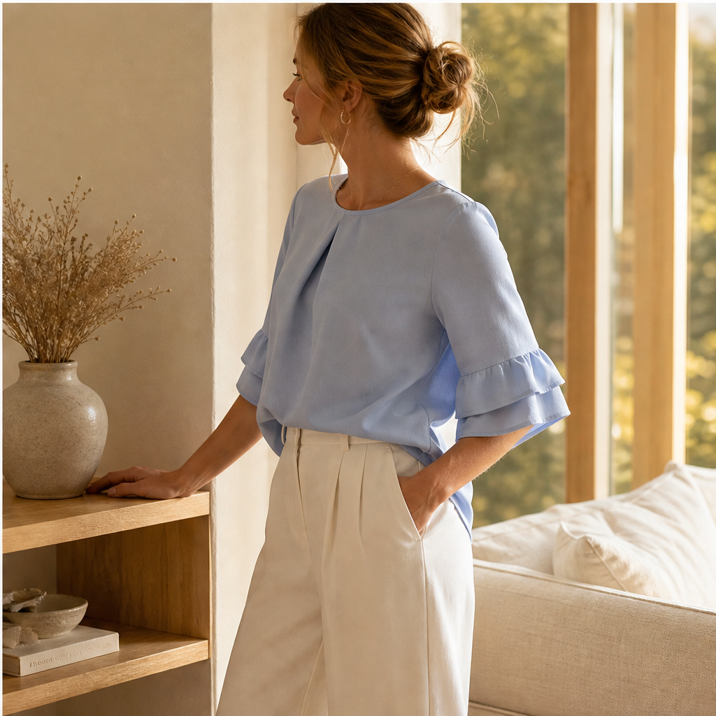 Light Blue Ruffle Sleeve Blouse | Tiered Bell Sleeve Top for Women - Round Neck with Front Pleat features