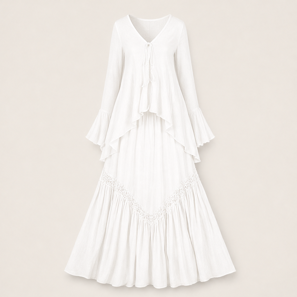 Navy Two Piece Maxi Skirt Set | Boho Asymmetric Top & Tiered Skirt - Long Sleeve Outfit White