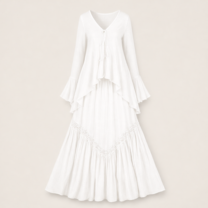 Navy Two Piece Maxi Skirt Set | Boho Asymmetric Top & Tiered Skirt - Long Sleeve Outfit White