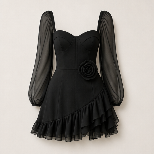 Black Sheer Sleeve Mini Dress | 3D Rose Bustier with Ruffle Hem - Chiffon Balloon Sleeve Black