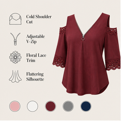 Burgundy Cold Shoulder Lace Top | Zip Front Blouse for Women - Ribbed Knit with Floral Lace Sleeves features