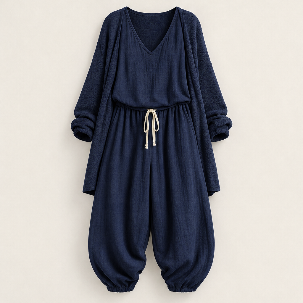 Green Three-Piece Harem Trouser Set | Tank Top, Cardigan & Wide-Leg Pants - Women's Knit Loungewear Navy