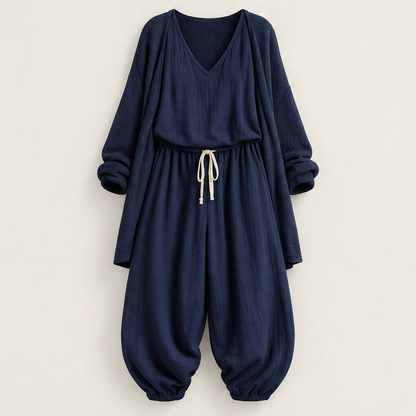 Green Three-Piece Harem Trouser Set | Tank Top, Cardigan & Wide-Leg Pants - Women's Knit Loungewear Navy