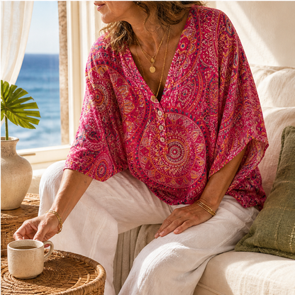 Fuchsia Floral Print Dolman Top | V-Neck Boho Blouse for Women - Batwing Sleeve features