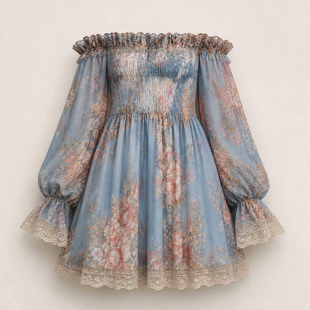 Rosalind Women's Off-Shoulder Floral Chiffon Mini Dress with Ruched Bodice - Lace Trim Boho Smocked Sundress Blue Floral