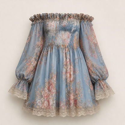 Rosalind Women's Off-Shoulder Floral Chiffon Mini Dress with Ruched Bodice - Lace Trim Boho Smocked Sundress Blue Floral