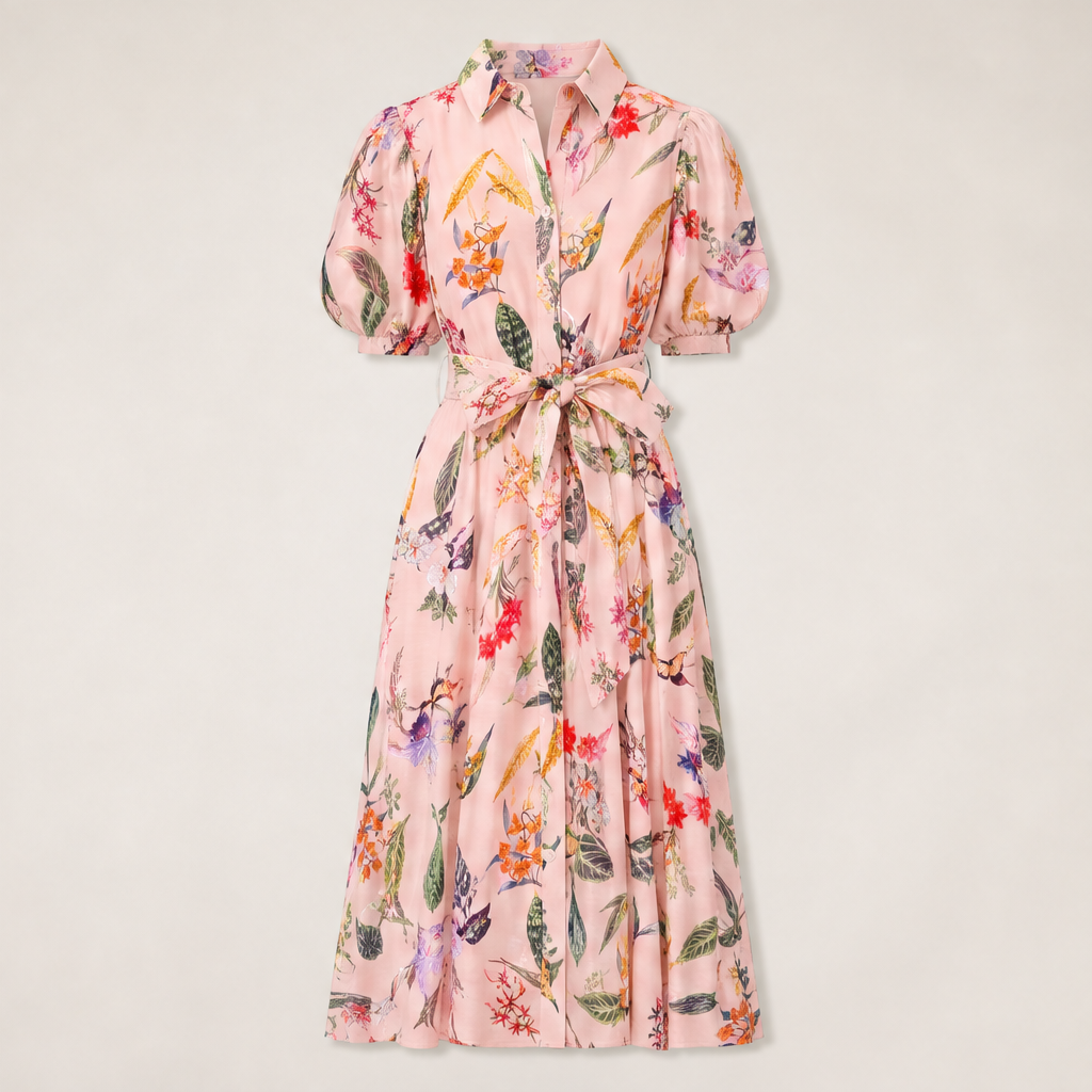 Pink Floral Belted Midi Shirt Dress | Puff Sleeve Botanical Print - Collared Tea Dress with Tie Waist Pink Floral
