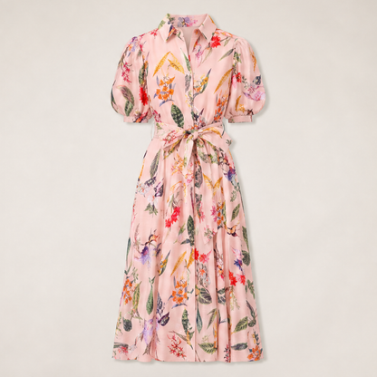 Pink Floral Belted Midi Shirt Dress | Puff Sleeve Botanical Print - Collared Tea Dress with Tie Waist Pink Floral