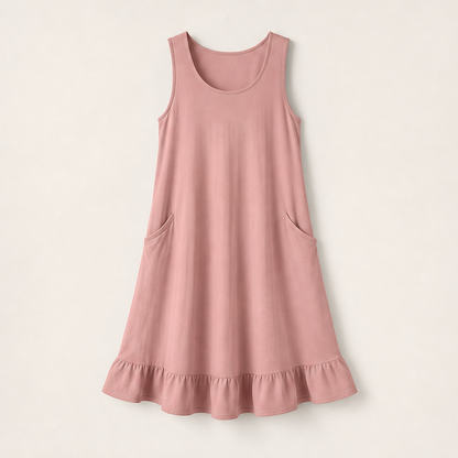 Marielle Women's Sleeveless Ruffle Hem Midi Dress with Dual Front Pockets - Casual Cotton Blend Summer Dress Dusty Rose