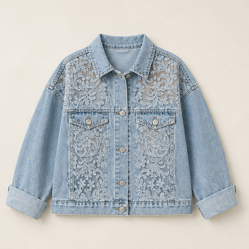 Light Wash Floral Lace Denim Jacket | Loose Fit Patchwork Trucker - Women's Cotton Blend Outerwear Light Wash