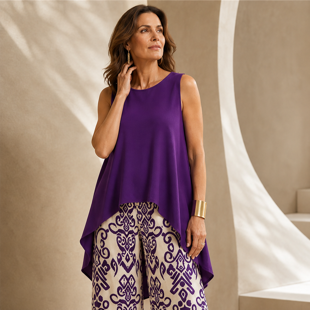 Purple Sleeveless Top & Wide Leg Trouser Set | Ikat Print Two-Piece Outfit for Women features