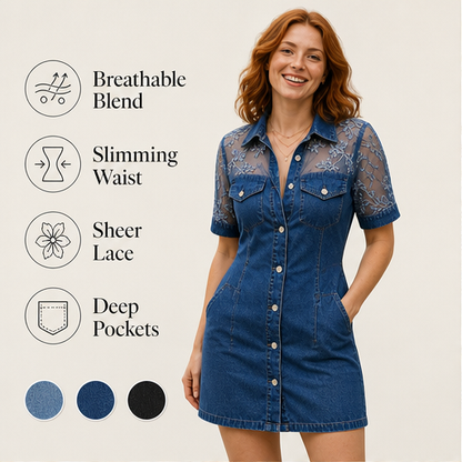 Denim Mini Dress | Sheer Lace Shirt Dress for Women - Button-Front with Pockets features