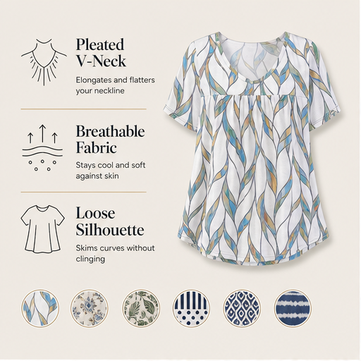 White Printed V-Neck T-Shirt | Pleated Short Sleeve Top for Women - Loose Fit Tunic Blouse features