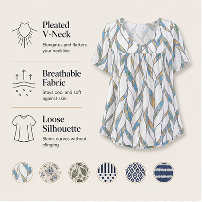 White Printed V-Neck T-Shirt | Pleated Short Sleeve Top for Women - Loose Fit Tunic Blouse features