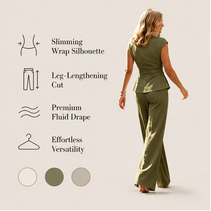 White Wrap Top Two-Piece Set | V-Neck Wide Leg Trouser Set for Women - Button Detail features