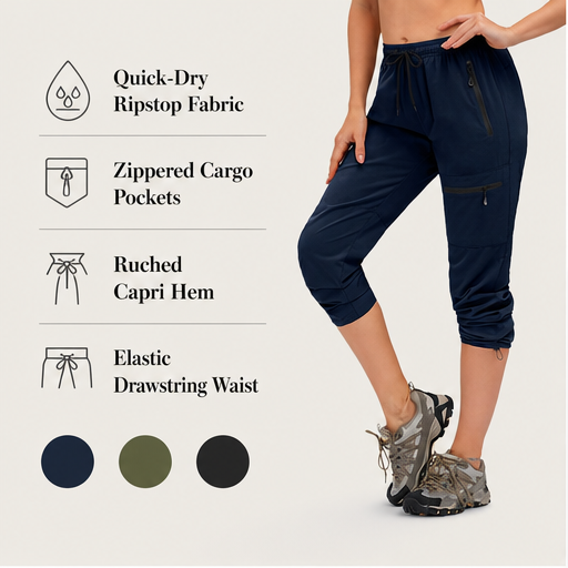 Navy Quick Dry Trekking Pants | Women's Hiking Joggers - Zip Pockets, Elastic Waist features