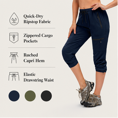 Navy Quick Dry Trekking Pants | Women's Hiking Joggers - Zip Pockets, Elastic Waist features