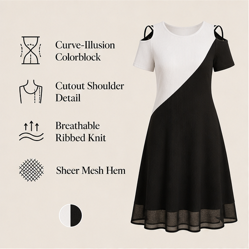 Black & White Colour-Block Midi Dress | Crew Neck Cold Shoulder - Ribbed Knit with Mesh Hem features