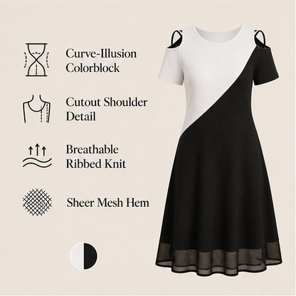 Black & White Colour-Block Midi Dress | Crew Neck Cold Shoulder - Ribbed Knit with Mesh Hem features