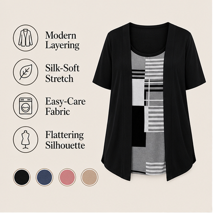 Black Fake Two Piece Top | Colour-Block Layered Look Blouse - Short Sleeve Cardigan Style features