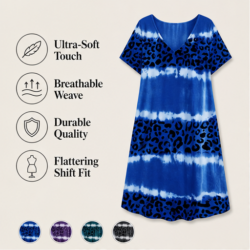 Blue Tie-Dye Leopard Print V-Neck Dress | Casual Shift Dress for Women - Short Sleeve Midi features