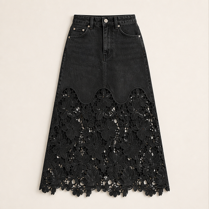 Denim Lace Hem Maxi Skirt | High-Waisted A-Line Style - Floral Crochet Trim Black