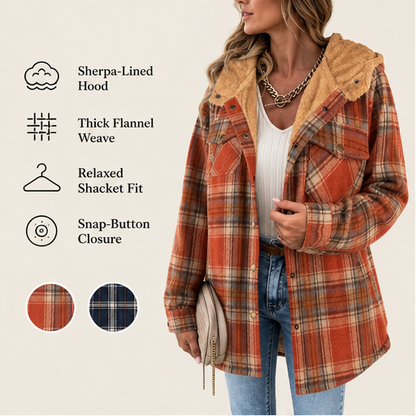 Rust Plaid Flannel Shacket | Hooded Sherpa-Lined Jacket for Women - Thick Checked Coat features