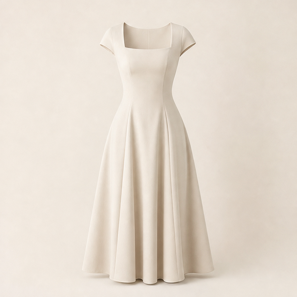 Black Square Neck A-Line Dress | Elegant Cap Sleeve Midi - Slim Fit Long Dress Beige
