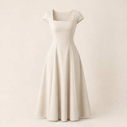Black Square Neck A-Line Dress | Elegant Cap Sleeve Midi - Slim Fit Long Dress Beige