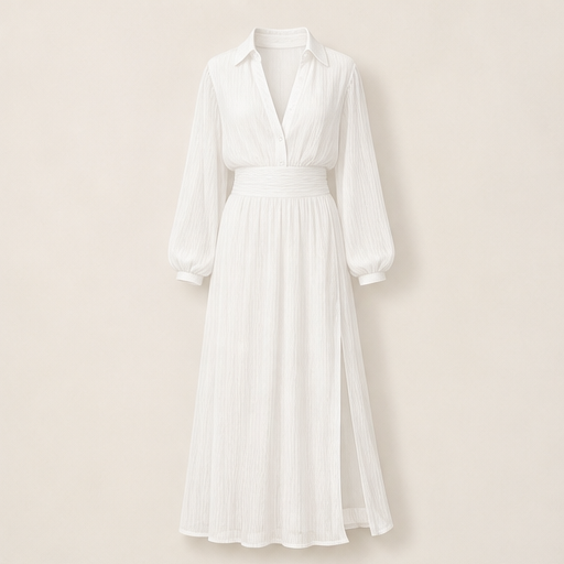 Champagne Chiffon Maxi Dress | V-Neck Slit Dress for Women - Long Sleeve Collared Style White