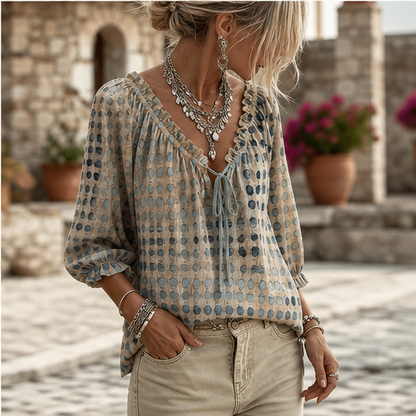 Beige Print Polka Dot Blouse | Lace-Up V-Neck Top - 3/4 Sleeve Boho Style features