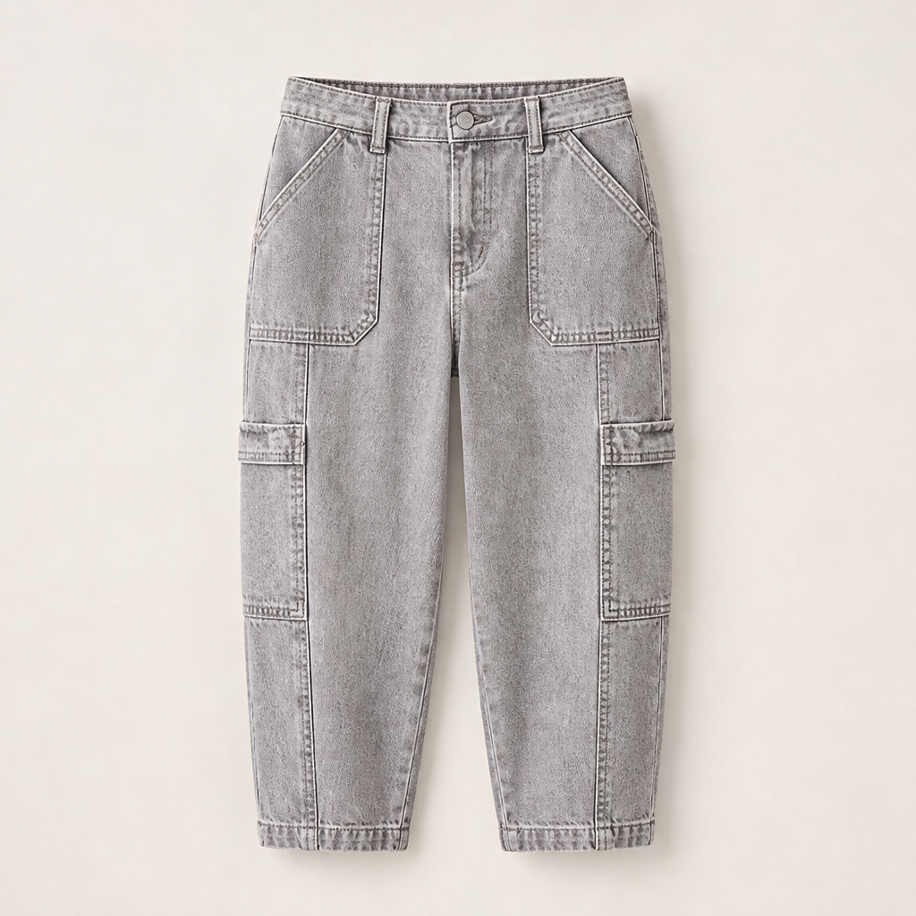 Light Blue Denim Cropped Jeans | Stretchy Cargo Capri Trousers for Women - Cropped Length Grey Denim
