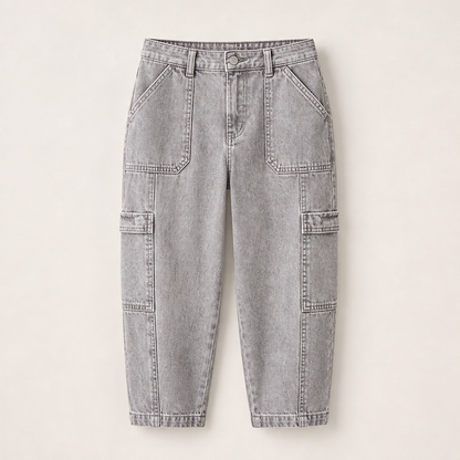 Light Blue Denim Cropped Jeans | Stretchy Cargo Capri Trousers for Women - Cropped Length Grey Denim