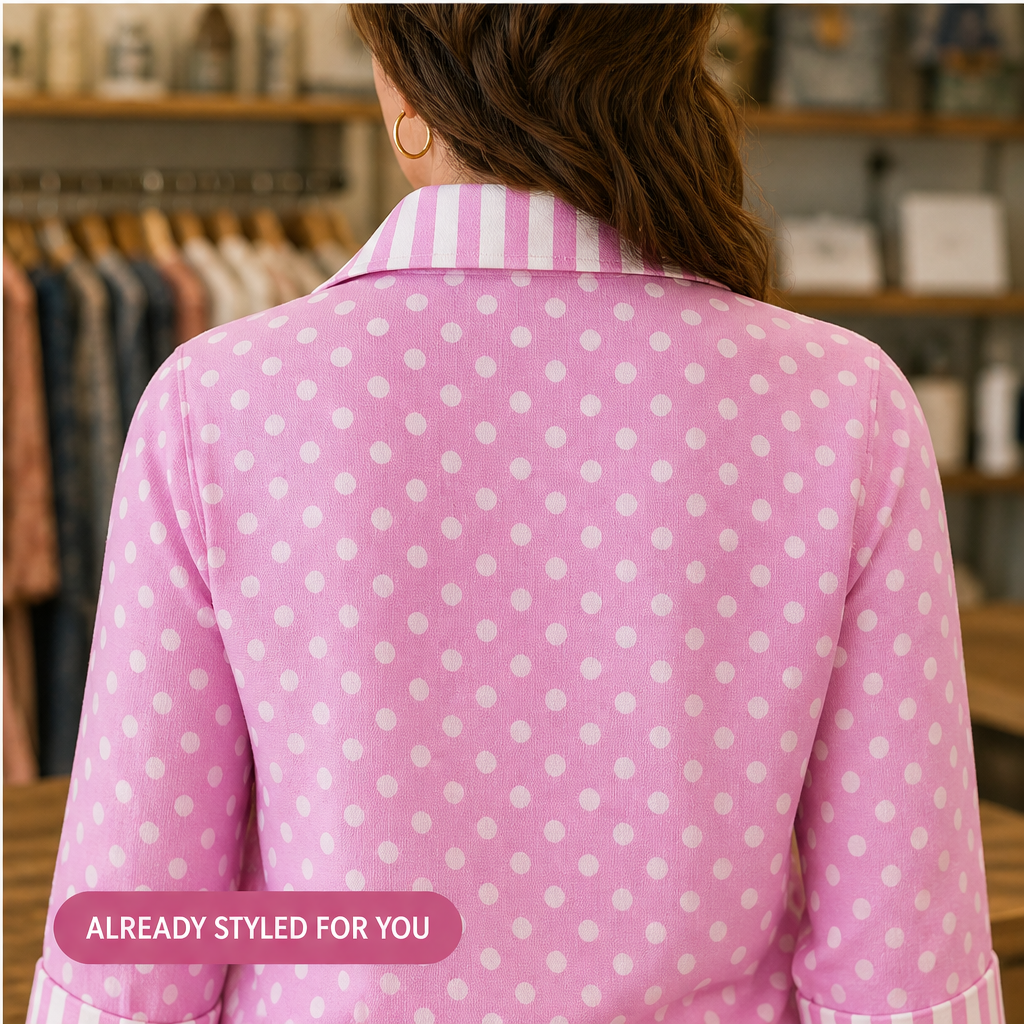 Pink Polka Dot Blouse | Contrast Stripe Popover Top for Women - 3/4 Sleeve Cotton Shirt features