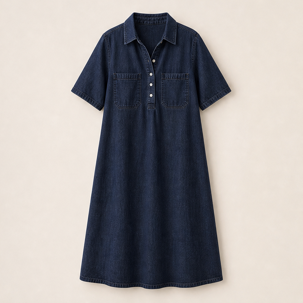 Denim Midi Shirt Dress | Casual Short Sleeve Dress with Pockets - Relaxed Fit Indigo