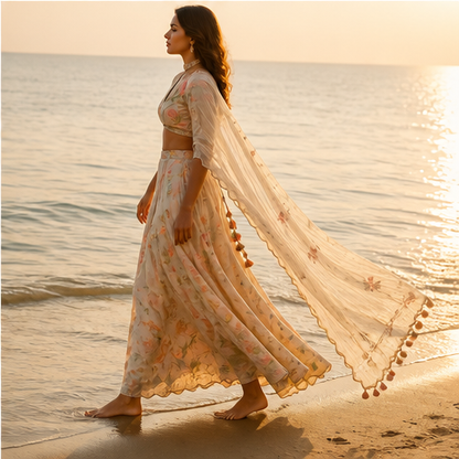 Ivory Banarasi Salwar Suit | Unstitched Silk Three-Piece Set - Hand-Embroidered Zari Floral Suit for Women features