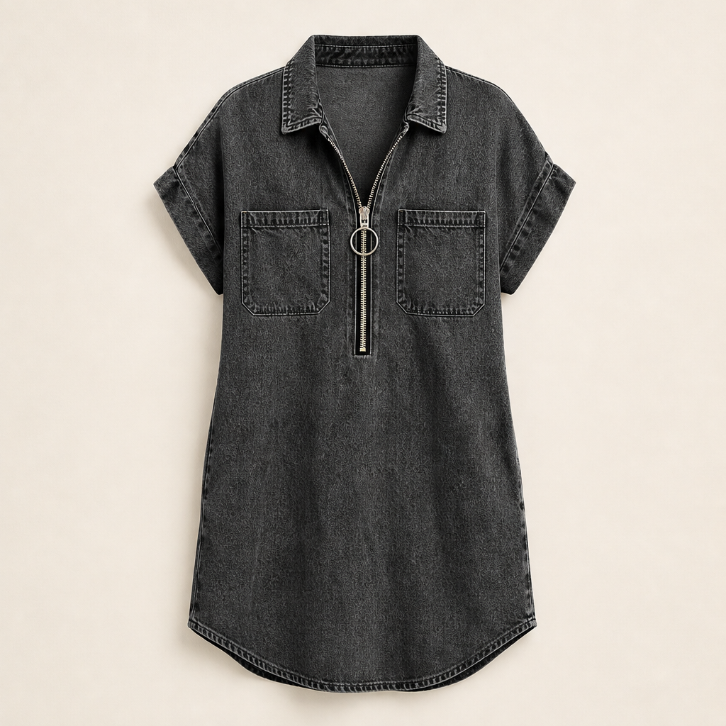 Denim Blue Zip Front Shirt Dress | Adjustable Half-Zip Collared Dress - Short Sleeve with Pockets Charcoal Black