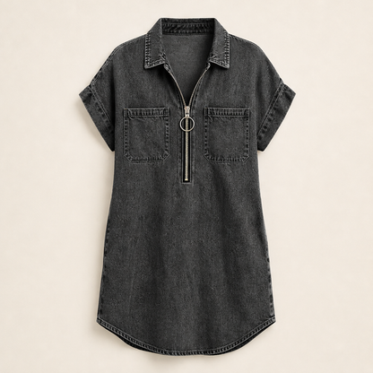 Denim Blue Zip Front Shirt Dress | Adjustable Half-Zip Collared Dress - Short Sleeve with Pockets Charcoal Black