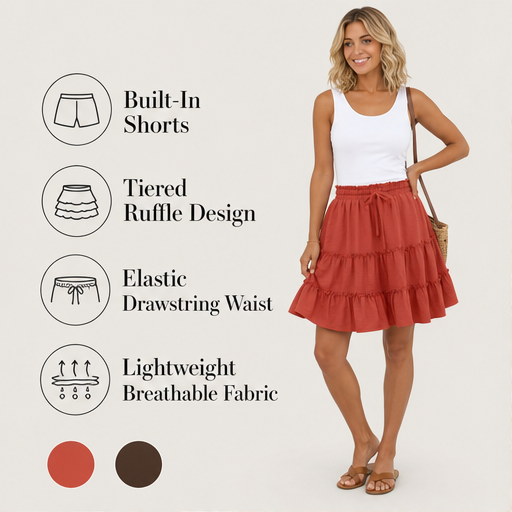 Rust Tiered Skort | Flowy Ruffle Mini Skirt with Built-In Shorts - Pockets & Drawstring Waist features