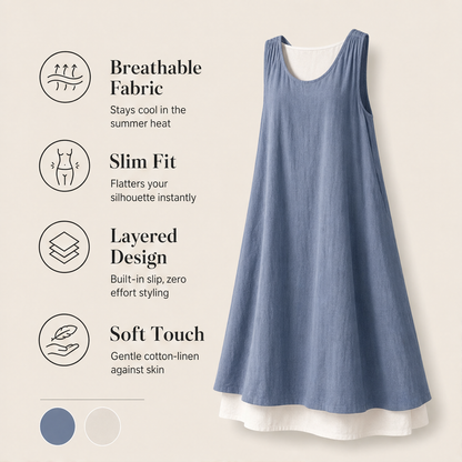 Chambray Blue Layered Tank Dress | Fake Two Piece Sleeveless Summer Dress - Loose Fit Cotton Linen features