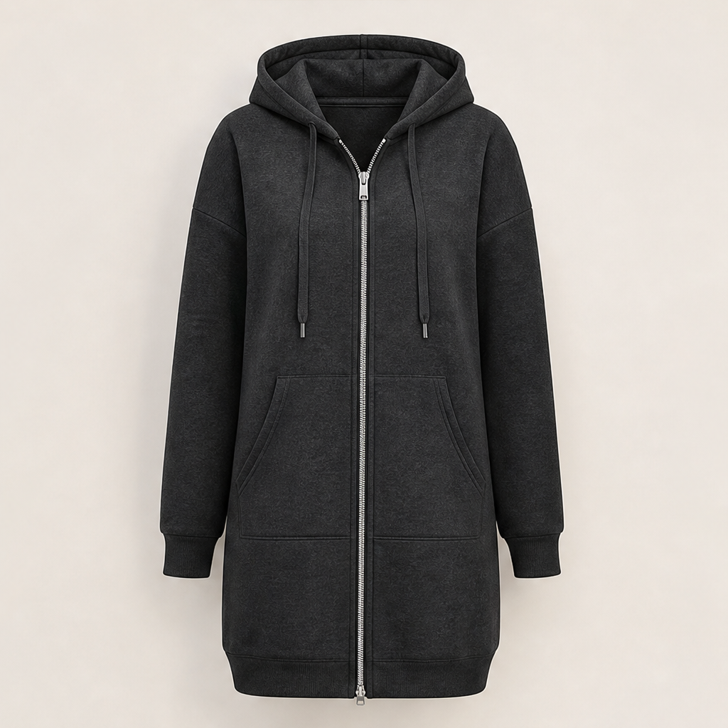 Black Longline Zip-Up Hoodie | Fleece-Lined Long Hooded Sweatshirt for Women - with Pockets Charcoal