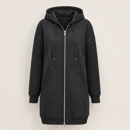 Black Longline Zip-Up Hoodie | Fleece-Lined Long Hooded Sweatshirt for Women - with Pockets Charcoal
