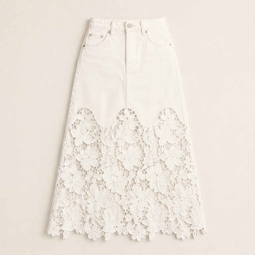 Denim Lace Hem Maxi Skirt | High-Waisted A-Line Style - Floral Crochet Trim Ecru