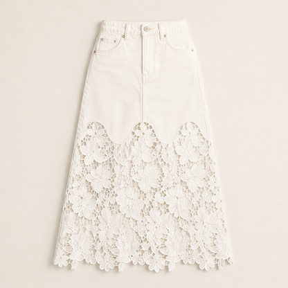 Denim Lace Hem Maxi Skirt | High-Waisted A-Line Style - Floral Crochet Trim Ecru