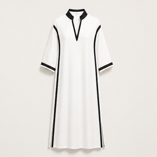 Black Colour Block Maxi Dress | V Neck Stand Collar Linen-Blend - Three Quarter Sleeve White