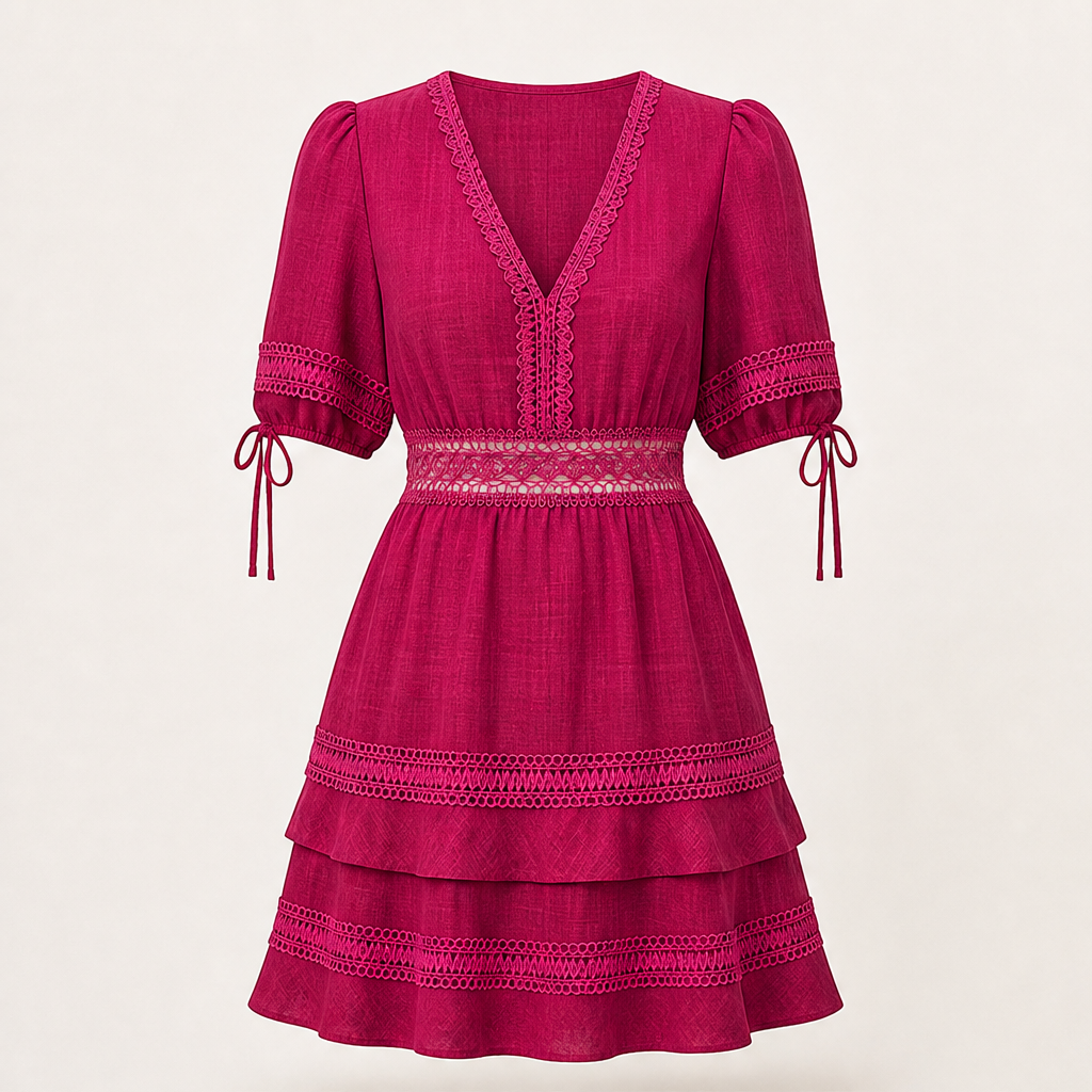 Marisol Women's V-Neck Lace Trim Puff Sleeve Tiered Ruffle Linen-Look Dress Fuchsia