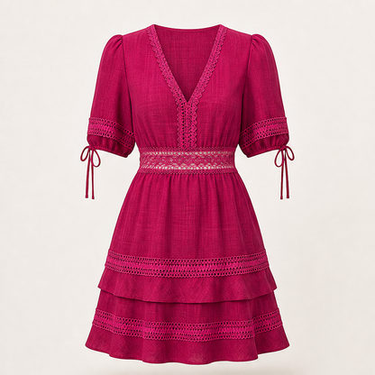 Marisol Women's V-Neck Lace Trim Puff Sleeve Tiered Ruffle Linen-Look Dress Fuchsia