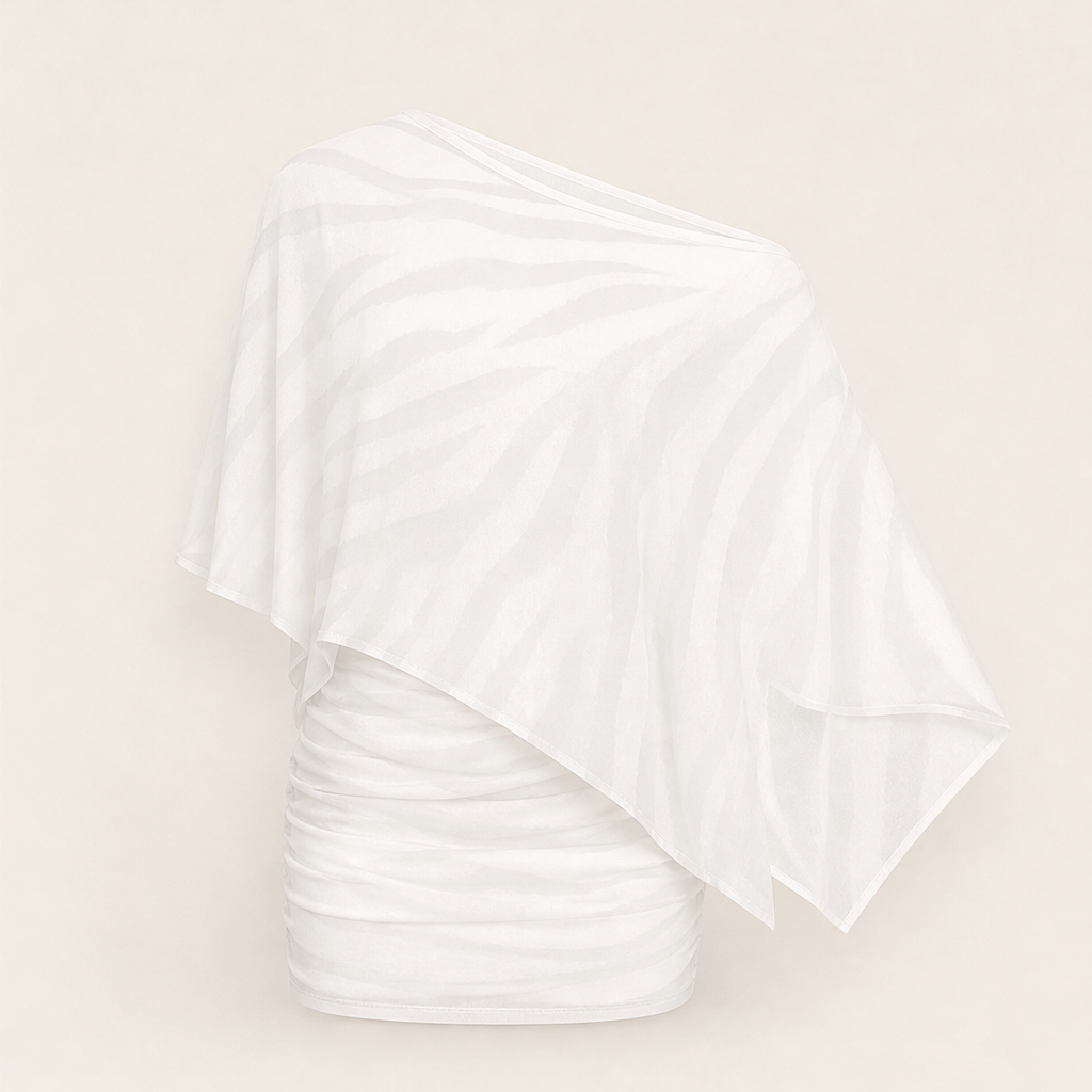 Brown Tiger Print Shawl Top & Skirt Set | Asymmetric One-Shoulder Two-Piece - Sheer Mesh Evening Wear White Zebra Print