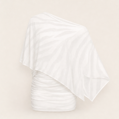Brown Tiger Print Shawl Top & Skirt Set | Asymmetric One-Shoulder Two-Piece - Sheer Mesh Evening Wear White Zebra Print