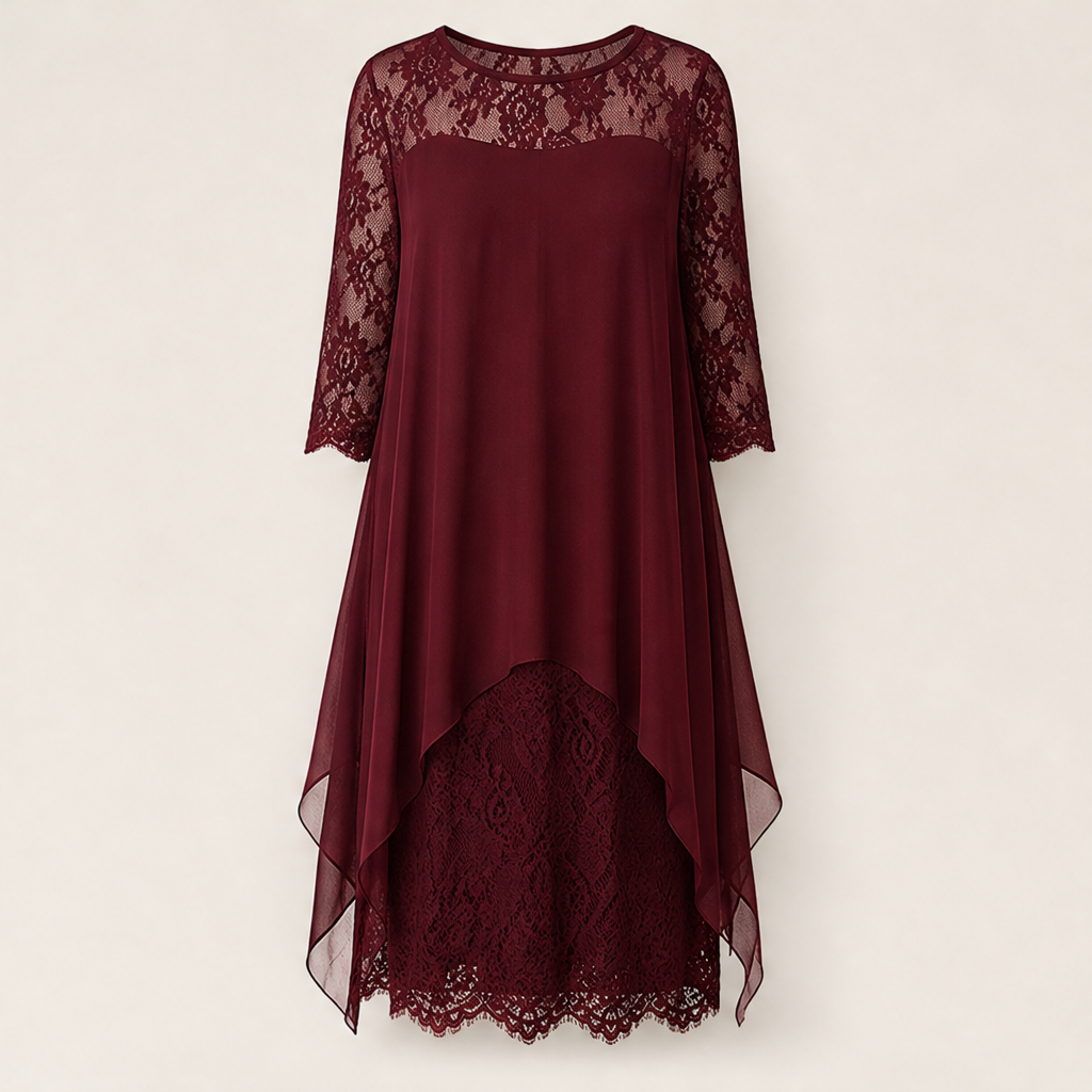 Black Lace Asymmetrical Hem Dress | Elegant Occasion Wear for Women - 3/4 Sleeve Chiffon Overlay Burgundy